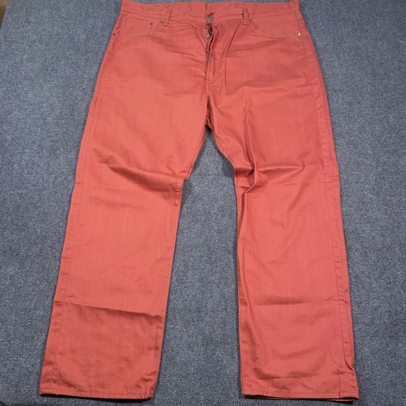 Levi's 501 Jeans Mens 44x32 Red/Orange Denim Cotton Straight Button Fly Workwear - Picture 2 of 15